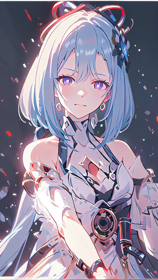 (Masterpiece), best, perfect face, straight hair, 1 girl, solo, sadistic face, bright blue hair, glowing purple eyes, holding red lightsaber, detailed white dress, 1 girl, Gretchen,light_saber