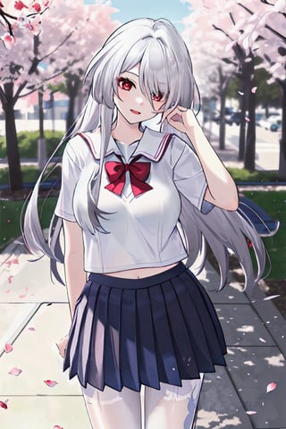 1girl, acheron \(honkai: star rail\), solo, red eyes, silver hair, pale skin, school uniform, white shirt, sweater, pleated skirt, pantyhose, light smile, hand in own hair, looking at viewer, outdoors, street, cherry blossoms, petals, depth of field
