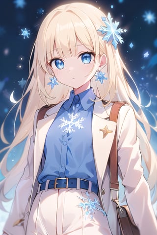 1girl, solo, long hair, looking at audience, bangs, blue eyes, blond hair, blue shirt, long sleeves, jewelry, closed mouth, jacket, weapons, ice earrings, belt, white jacket, buttoned, snowflake ice crystal hair Decorate