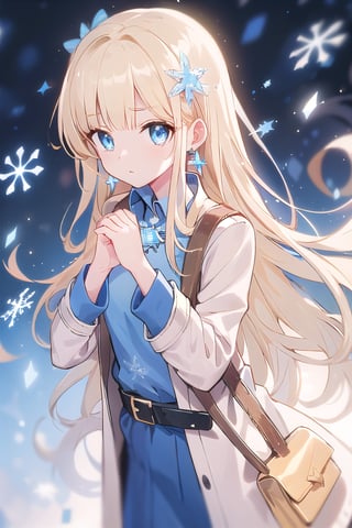 1girl, solo, long hair, looking at viewer, bangs, blue eyes, blond hair, blue shirt, long sleeves, jewelry, closed mouth, jacket, weapons, ice earrings, belt, coat, white jacket, clenched hands, snowflakes ice crystal hair accessories,TeresaW