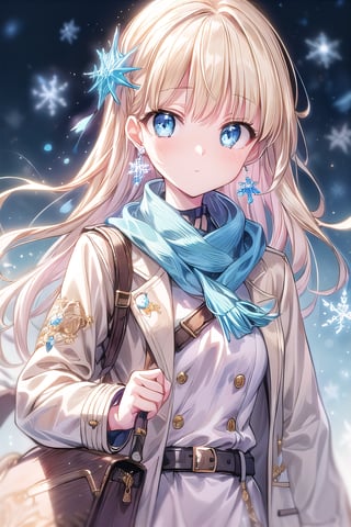 1girl, solo, long hair, looking at audience, bangs, blue eyes, blond hair, shirt, long sleeves, jewelry, closed mouth, jacket, weapon, ice earrings, belt, sword, coat, blue scarf, white jacket, grip Hold tight, snowflake ice crystal hair accessories