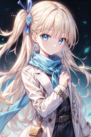 1girl, solo, long hair, looking at viewer, bangs, blue eyes, blond hair, shirt, long sleeves, jewelry, closed mouth, jacket, weapon, earrings, belt, sword, coat, blue scarf, white jacket, grip Hands, ice crystal hair accessories