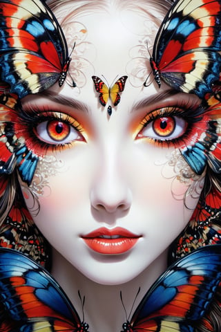 close up of a female face,pale red eyes,captivating,intricately detailed,colorful Butterfly 