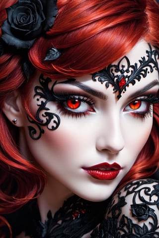 close up of a devil female face,side photo from above,red hair,demon red eyes,captivating,intricately detailed,black rose
