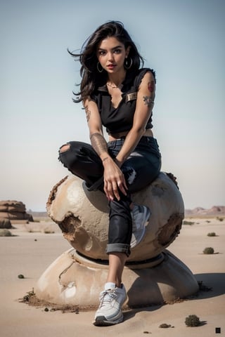 1girl, solo, full body, looking at viewer, sitting on R2 robot, black hair, tanned skin, blue_eyes, post apocalyptic outfit, tattered outfit,loose khaki pants, jewelry, earrings, tattoo, white background, white pastel  theme, ,a map of a desert area with rocks
