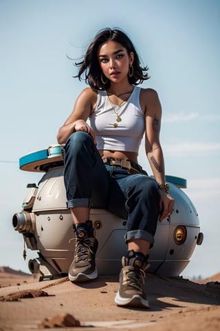 1girl, solo, full body, looking at viewer, sitting on R2 robot, black hair, tanned skin, blue_eyes, post apocalyptic outfit, tattered outfit,loose khaki pants, jewelry, earrings, tattoo, white background, white pastel  theme, ,a map of a desert area with rocks,Illustration