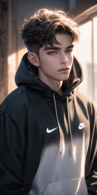 (best quality, 128k UHD, highres, masterpiece:1.2), an intriguing and mesmerizing portrait of a handsome young man, wearing a nike hoodie and a nike air jlow1, 