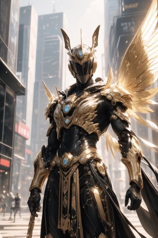 (world class quality, 128k UHD, highres, masterpiece:1.2), (Use dynamic pose), (Use dynamic camera angle view), an intriguing and mesmerizing portrait of a handsome cyberpunk young man from another galaxy, wearing cyberpunk Egyptian outfit, wearing an Anubis Helmet made from shining gold, spreading his huge wings on his back, holding an eternal flame on one hand, glittery mist, mixed with Desertpunk background ,wrenchsmechs,glowing, <your_color> mecha