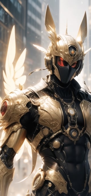 (world class quality, 128k UHD, highres, masterpiece:1.2), (Use dynamic pose), (Use dynamic camera angle view), an intriguing and mesmerizing portrait of a handsome cyberpunk young man from another galaxy, wearing cyberpunk Egyptian outfit, wearing an Anubis Helmet made from shining gold, spreading his huge wings on his back, holding an eternal flame on one hand, glittery mist, mixed with Desertpunk background ,wrenchsmechs,glowing, <your_color> mecha