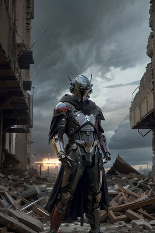 din djarin, The mandalorian, (rainy day:1.3), dark theme, dark clouds, thunder and lightning, realistic, complex 3d render ultra detailed, best quality, masterpiece, ultra high res, cowboy shot, (photorealistic:1.4), raw photo, official art, Complex background, absurdres, vague, Atmospheric, dynamic angle, ((Armed with both hands)), red glowing, cyberhelmet, giant mecha, robot, armor, mechanical arms, science fiction, no humans, (Wearing a tattered cloak), standing on the ruins of the old square after the radiation war, there are damaged buildings everywhere, smoke of gunpowder, war ,cyberhelmet,dark theme