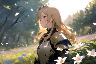 masterpiece, 1girl, upper body, paladin, flower meadow