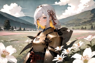 masterpiece, 1girl, upper body, paladin, flower meadow,A Traditional Japanese Art