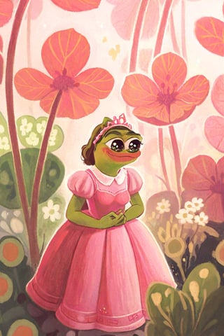 princess pepe_frog, solo, pink dress, flowers, happy
