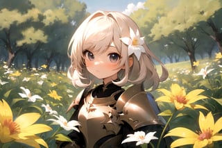 masterpiece, 1girl, upper body, paladin, flower meadow,chibi