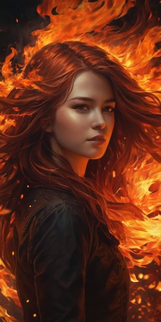 1 girl, made of fire, fire, fire background, moody, highly detailed, wavy_hair,
