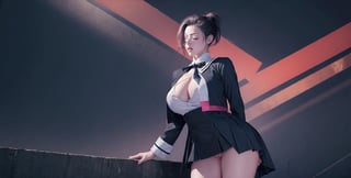 Abstrack background splash art, huge breasts, realistic photography, red black ombre hair, sm4c3w3k, pussy, open_pussy, ponytail, hair close over one eye, YurigaokaUniform