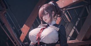Abstrack background splash art, huge breasts, realistic photography, red black ombre hair, sm4c3w3k, pussy, open_pussy, ponytail, hair close over one eye, YurigaokaUniform