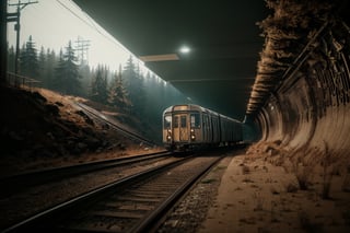 vegetation, abandoned subway, detailed landscape, (realistic: 1.2), (photorealistic: 1.2), professional photography, (masterpiece), intricate details, best quality, volumetric lighting, 8k, spectacular lighting, infinite focus, atmospheric lighting, horror, apocalypse, high quality, fujifilm,zombies