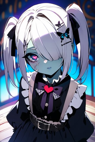 (masterpiece), best quality, (heart pupils), stylized, zombie girl, bandages, hair over one eye, long bang, twin tail, white hair, hair pins, stitches, Lolita, gothic, ribbons, belts, abstract background, black flowers, butterfly accessories, medium shot, high angle, face focus,scenery