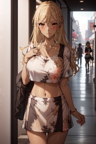 portrait, solo focus, solo,

horimiya_hori, 1girl, (blonde hair:1.4),(huge breast), sagging breast,breast apart, ((dark skin:1.6)), long hair,lob hairstyle,brown eyes, hair between eyes, bangs,shows one ear:1.3,ring earrings,bold make up,gyaru make up,red lips,look at viewer,

wearing floral dress, wearing necklace,midriff,croptop,micro skirt,
in a mall,red lips,serious face,studying,confuse,

,blush, glowing eyes,xyzsanfloral