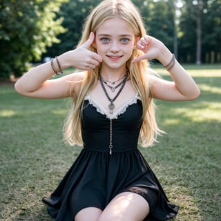black vinyl dress , bdsm necklace with neck chain , best quality, 4k, 8k, highres, masterpiece:1.2), ultra-detailed, (realistic, photorealistic, photo-realistic:1.37), beautiful detailed eyes, beautiful detailed lips, extremely detailed eyes, longeyelashes, little girl, cute girl, cute smile, blonde hair mix, outdoor, illustration, pastel colors, soft lighting, happy expression, ,teen girl, freckles, small tits, Extremely Realistic,perfect,dream_girl,finger frame