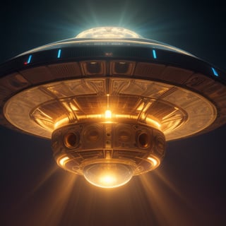 surreal photo of a majestic UFO takes a human being in a beam of ethereal light, shiny, lumen reflection, complex mechenisms, intricate otherworldly designs. in the style of DeviantArt, Ufocore, sci-ficore, worlds best cinematic camera, highest resolution, amazing ray tracing, 8k, high octane render

