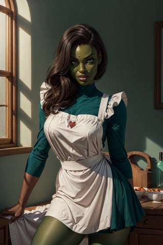 1woman, (cute skrullinvasion :1.2), green eyes, ((dark green skin, dark green legs)), curvy, wearing a simple, dark-colored (maid dress1.2), usually complemented with a white apron,