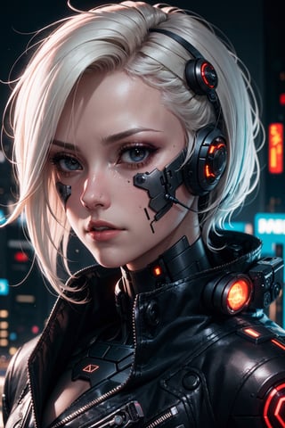 cyber_mark, cyborg, 1girl, solo, closed mouth, lips, makeup, portrait, nose, cyborg, (cyberpunk style:1.3), dark lighting, (chromatic aberration:1.3), (Random:1.3), blowout hair, platinum blonde hair, black eyes, sexy, (HDR:1.3)