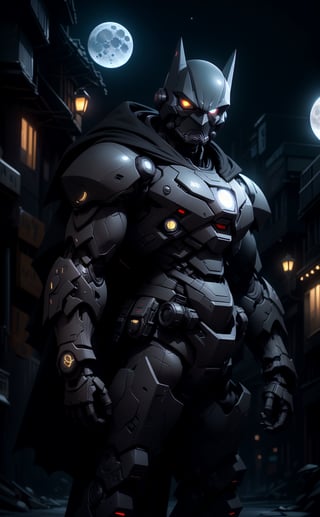 absurdres, 1boy, (at night:1.4), dark alley, moon, grey (android (batman:0.8)) in (matte black hardsuit:1.2), military, roughed up, mechanical arms, city fog, (glowing white eyes) ,MECHA
