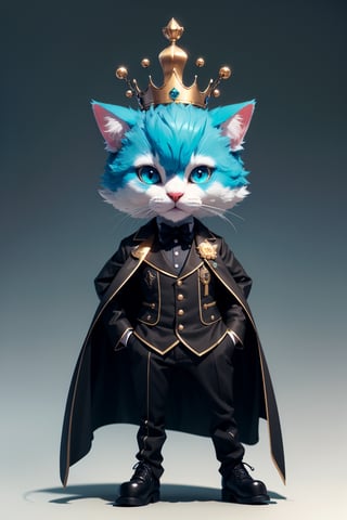 a 3d render of a game character, a cute small (chibi:0.8) anthropomorphic cat, crown, teal, fluffy, cg, colonial suit, unity render, cat eyes, large eyes, blender, octane render, hyper detail, hyper focus, simple background, gradient background, high performance, high poly count, extreme quality, uhd, 8k, aaa, (neon highlights), steampunk