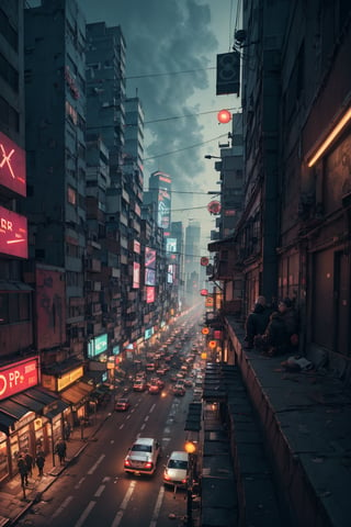 ((best quality, masterpiece, RAW photo, digital drawing, cyberpunk style )), high angle shot from above, tiny old cyberpunk town, ( people on balcony, people in street, ) , insanely intricate, insanely detailed, lots of details, lots of people, cars , at night, city steaming with life, abundant city activities, (( aesthetic, aestheticism )), 8K UHD, HDR, Full HD, absurdres