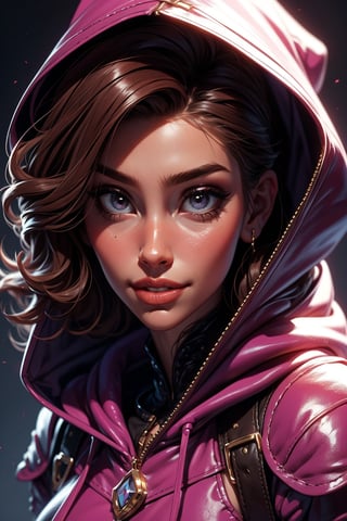 A portrait of a girl, close up of face, dorky, nerd, portrait, fantasy, thief, mage, in leather armor, purple and pink outfit, brown hair, curly hair, smirk, goofy expression, hood,