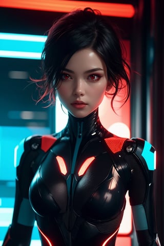 masterpiece, red eyes, light (red light:1.3), 1girl, beautiful face, skindentation, detailed black hair, pixie hair, glowing light, futuristic, science lab, cyberpunk bodysuit, upper body, skinny waist, large hip