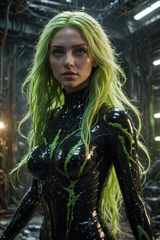 Mutated_face, symbiote, Biopunk, mutant. Green eyes, lime green long hair, liquid hair. black liquid dress. ruins tech, spaceship. cinematic, particles, ethereal glow, atmosphere, volumetric lighting. sharp eyes, full body, portrait 