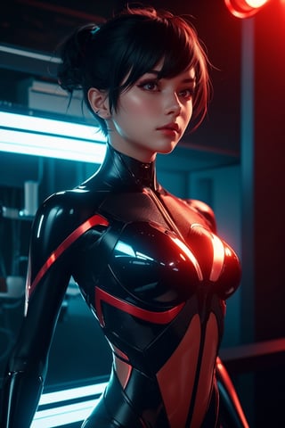 masterpiece, red eyes, light (red light:1.3), 1girl, beautiful face, skindentation, detailed black hair, pixie hair, glowing light, futuristic, science lab, cyberpunk bodysuit, upper body, skinny waist, large hip