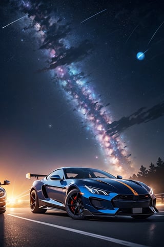 (masterpiece, best quality), high resolution, (8k resolution), (ultra detailed), The picture shows a car trail suspended in the starry sky, Two racing cars racing towards the camera, Super sports car, Plasma engine, Colorful planets and nebulae in the background, hyperrealistic, more details, low saturation, realism, Photo texture