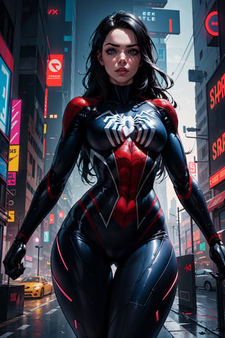 1girl, (black spider man costume 2099, black spider man), long hair, biomechanical, complex robot, insane fine details, Extremely sharp lines, cyberpunk aesthetic, curvy hip