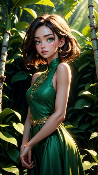 Cowboy shot, androgynous hunnuman, oval jaw, delicate features, beautiful face, dreadlocked hair, long bangs, brown hair, bright blue-green eyes, green dress, gold attire, gold, light ray, Ray tracing, sun ray, forest, rain forest, water fall, Korean