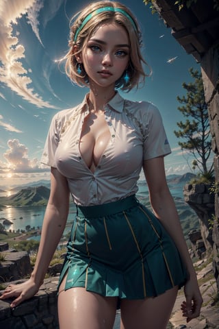 (8k, best quality, masterpiece:1.2), (detailed skin and skin pores and goose bumps:1.2), (high definition face, detailed face:1), (detailed face), soft light, exposure blending, (intricate details), (((surreal))), 1girl, (cowboy shot), (medium breasts, cleavage:1.2), Classic-Sporty-Elegant Polo shirt, tennis skirt, athletic socks, sneakers, Seongsan Ilchulbong - Volcanic crater, sunrise viewpoint, hiking trail, visitors climbing to the peak, Blunt bob haircut - Headband, Rhinestone hair clip,aestheticKA,neonnightKA