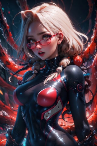 (masterpiece, best quality, detailed), front view, upper body, Kaelli, joyfull, blush, pale skin, wet, oily skin, dreadlocks, no pupils, semi-rimless eyewear, hydrasuit, shiny swimsuit, highcut, highneck, turtleneck, shiny Red lycra, at night, red theme, tentacles, flesh in background,