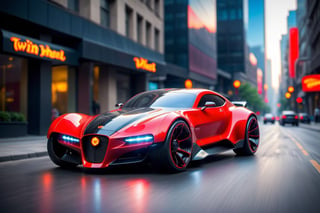 A futuristic hi-tech Car inspired by, Hot wheels, Hotrod-inspired, LED, ((Twin headlights)), Bright Red, (((Black wheels))), on the road in city area background, at Midday time, Front Side view, symmetrical, 