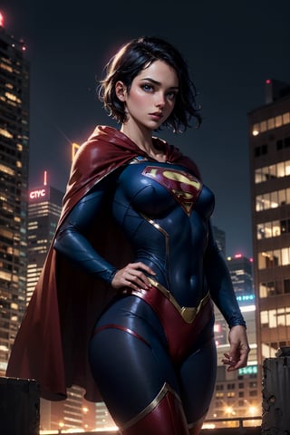 (masterpiece, best quality, detailed eyes), Supergirl, black bodysuit, red cape, dc, (city) night ciy background, superhero aesthetic, short black hair, cowboy shot, perky breasts, round breasts, fit torso, skinny torso