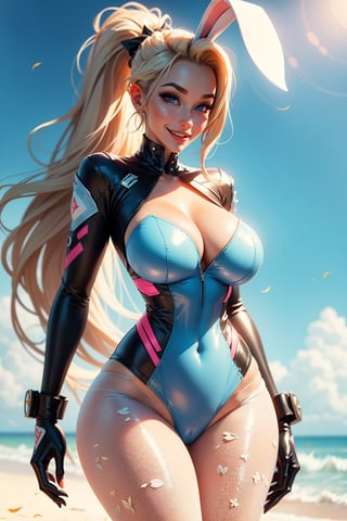 Mercy_overwatc,big breasts,hands on breasts,tight,playboy bunny suit,bunny ears,bunny tail,semi transparent outfit,happy expression,detailed,blue eyes,long blonde hair,high ponytail,sunny day_background, best quality, rendering