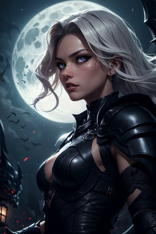 A sultry warrior with white wavy hair, her hypnotic eyes piercing through the darkness, her black armor glistening in the moonlight, her lips so kissable yet deadly, a black dragon looming behind her, ready to strike.