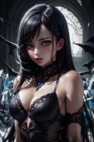 (masterpiece), (best quality), (HDR), intricate detail, 
1girl, bare_shoulders, pale skin, black hair, long_hair, (sharp eyes, red_eyes, detailed eyes:1.2), vampire dress, lace trim, portrait, upper body, bloom effect, ice castle background,