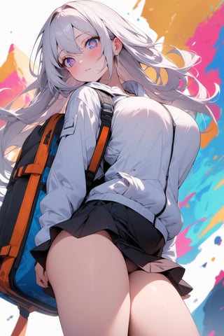masterpiece, best quality, very aesthetic, absurdres, vibrant colours, 1girl, solo, white jacket, black skirt, climbing bag, long hair, white hair, red hair underneath, detailed eyes, large breasts, white background, abstract_background 