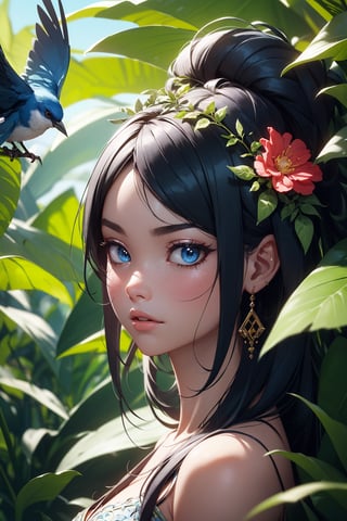 fashion photography portrait of blue human avatar, in blue lush jungle with flowers and birds, 3d render, cgi, symetrical, octane render, 35mm, bokeh, 9:16, (intricate details:1.12), hdr, (intricate details, hyperdetailed:1.15), (natural skin texture, hyperrealism, soft light, sharp:1.2)