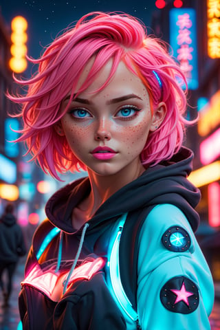 masterpiece, high_resolution, best quality, 
1girl, solo, cowboy_shot , perfect body, lava hair color, short hairstyle, light blue eyes, (fare skin, freckles, pink lip, hair highlights:1.2), midriff, | (neon hair:1.2), dark blue hoodie, futuristic city lights, buildings, urban scenery, neon lights | bokeh, depth of field, ((underboob))