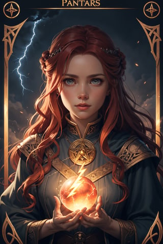 a woman holding a glowing ball in her hands, featured on cgsociety, fantasy art, very long flowing red hair, holding a pentagram shield, looks a bit similar to amy adams, lightning mage spell icon, benevolent android necromancer, high priestess tarot card, anime goddess, portrait of celtic goddess diana, featured on artstattion
