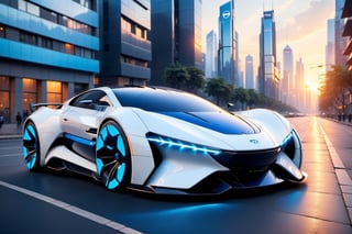 A futuristic hi-tech Super Car inspired by tata, Cyberpunk-inspired Super Car, Blue and White, (Black wheels),
on the road in city area background, at sunset time, front view, symmetrical, 